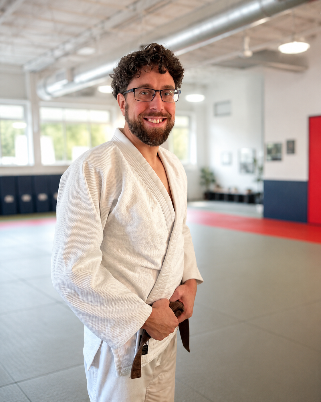 Judo coach Nick Prince smiling in a white gi inside the True North Martial Arts dojo.