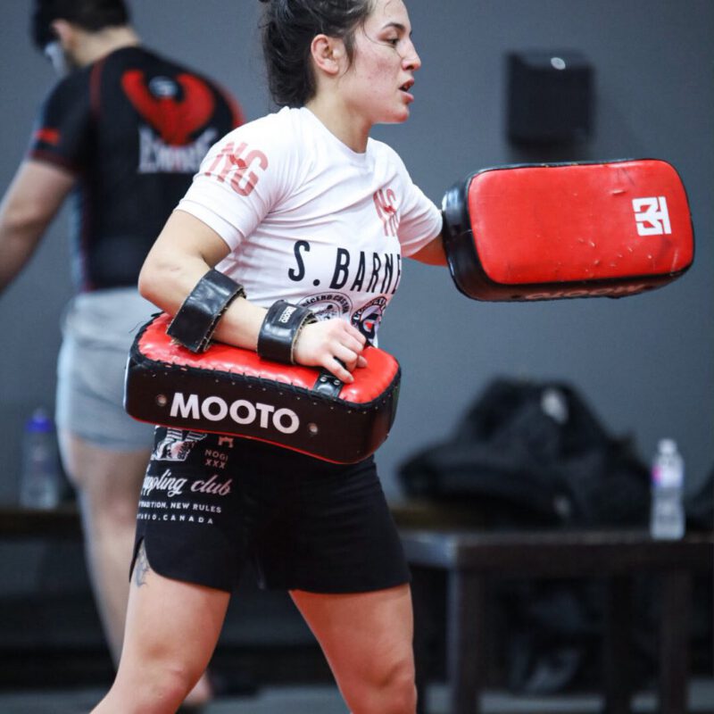 Professor Shiv Barnes holding kickboxing pads during a striking training session.