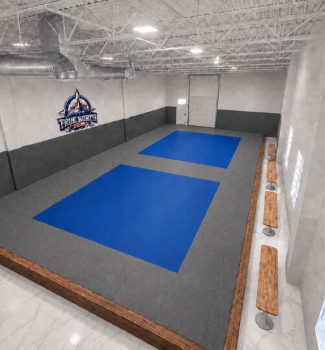 Concept rendering of the True North Martial Arts Newmarket dojo viewed from the southeast, with blue and grey tatami mats and spectator benches.
